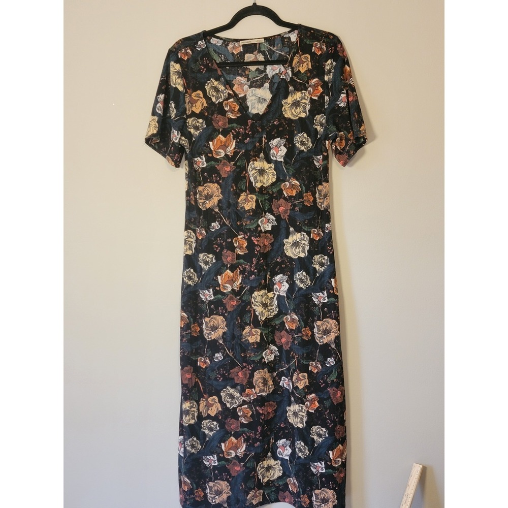 Pull & Bear Women's Black Peasant Floral V‎ Neck Short Sleeve Midi Dress Size S